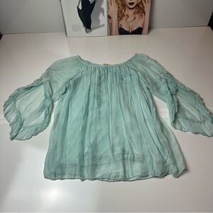 Sousa Mint Green silk Ruffled Blouse with Puff Sleeves and 3/4 Length ruffle